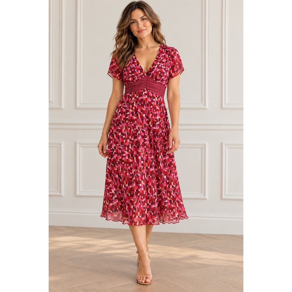 JONATHAN MARTIN Vintage Y2K Babydoll Midi Dress 6 Retro Wedding Geo Pink Red